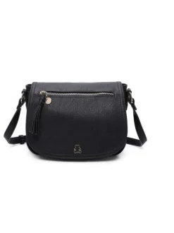 Sac bandoulière noir uni avec une poche avant zippée et un patch
