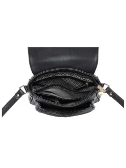Sac bandoulière noir uni avec une poche avant zippée et un patch