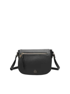 Sac bandoulière noir uni avec une poche avant zippée et un patch