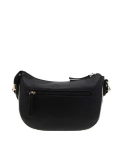Sac bandoulière noir uni avec un logo doré embossé sur l'avant