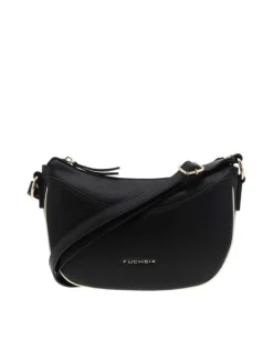Sac bandoulière noir uni avec un logo doré embossé sur l'avant