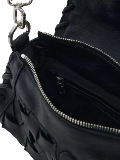 Sac bandoulière noir uni avec un revêtement tressé muni d'une anse