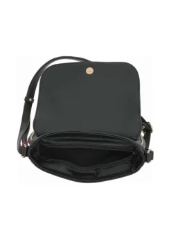 Sac à bandoulière noir uni grainé avec liseré doré et rabat avec pression