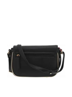 Sac à bandoulière noir uni grainé avec liseré doré et rabat avec pression