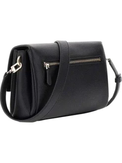 Sac bandoulière noir uni à rabat et pression avec logo de la marque
