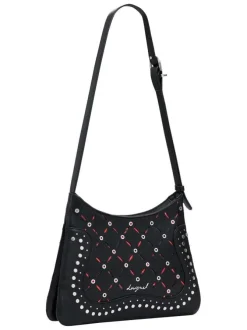 Sac à bandoulière noir zippé avec des œillets et des clous décoratifs