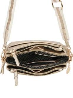 Sac à bandoulière or uni avec logo iconique à l'avant et petite poche zippée