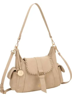 Sac bandoulière porté épaule beige uni pourvu d'un rabat frontal