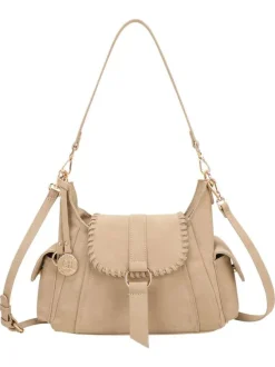 Sac bandoulière porté épaule beige uni pourvu d'un rabat frontal