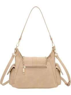 Sac bandoulière porté épaule beige uni pourvu d'un rabat frontal