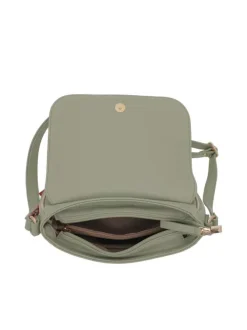 Sac à bandoulière vert d'eau uni grainé avec liseré doré et rabat à pression