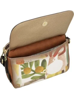 Sac beige avec des imprimés et une bandoulière réglable avec marque cousue