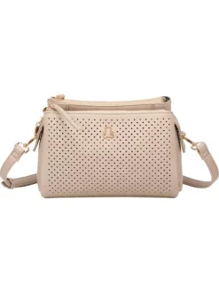 Sac beige en maille ajourée avec bandoulière amovible et logo de la marque