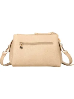 Sac beige en maille ajourée avec bandoulière amovible et logo de la marque