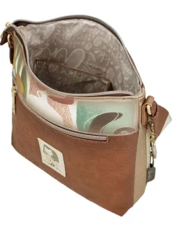 Sac beige et marron avec des imprimés et une bandoulière réglable