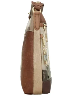 Sac beige et marron avec des imprimés et une bandoulière réglable