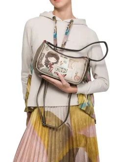 Sac beige à imprimé avec une bandoulière réglable et un anse