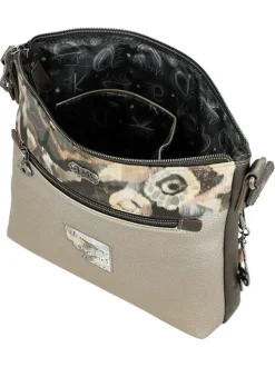 Sac beige orné de motifs exclusifs et pourvu d'une bandoulière réglable