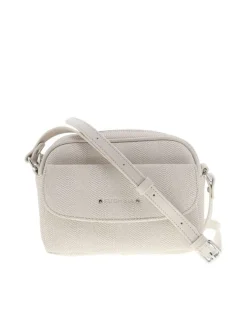 Sac beige uni avec une poche à fermeture rabat sur l'avant et un logo à l'avant