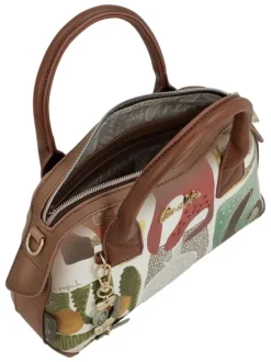 Sac bowling beige à imprimé avec anses et bandoulière marron