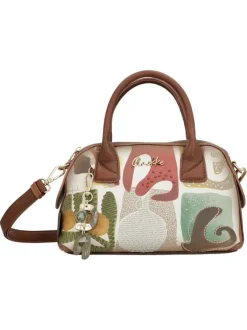 Sac bowling beige à imprimé avec anses et bandoulière marron