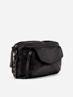 Sac femme noir à bandoulière en chaîne et à compartiment zippé et à rabat