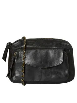 Sac femme noir à bandoulière en chaîne et à compartiment zippé et à rabat