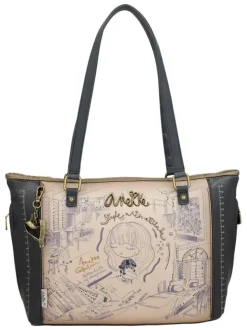 Sac à main anthracite et beige à anses plates orné de motifs exclusifs