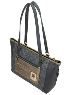 Sac à main anthracite et beige à anses plates orné de motifs exclusifs