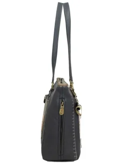 Sac à main anthracite et beige à anses plates orné de motifs exclusifs