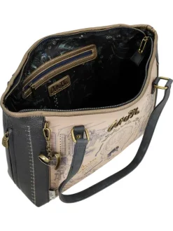 Sac à main anthracite et beige à anses plates orné de motifs exclusifs