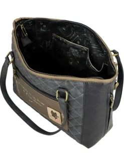 Sac à main anthracite et beige à anses plates orné de motifs exclusifs