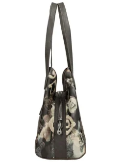 Sac à main beige pourvu de multiples poches et orné de motifs exclusifs