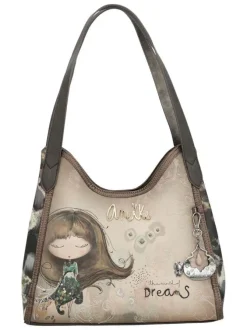 Sac à main beige pourvu de multiples poches et orné de motifs exclusifs