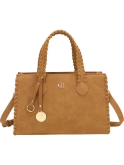 Sac à main camel uni pourvu pourvu d'une bandoulière plate réglable