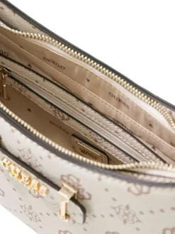 Sac à main écru pourvu d'une matière grainée et orné d'un motif monogramme