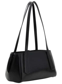 Sac à main noir aspect grainé pourvu de fines anses plates et de détails dorés