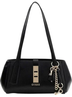 Sac à main noir aspect grainé pourvu de fines anses plates et de détails dorés