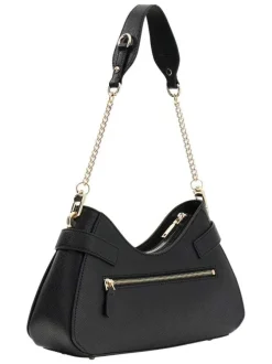 Sac à main noir aspect grainé pourvu d'une anse amovible orné de chaines dorées