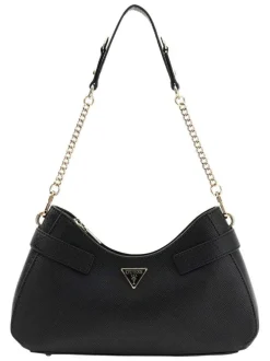Sac à main noir aspect grainé pourvu d'une anse amovible orné de chaines dorées