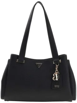 Sac à main noir pourvu de deux anses plates et du logo de la marque