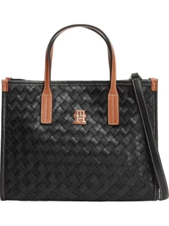 Sac à main noir tressé pourvu d'anses contrastées et du logo de la marque