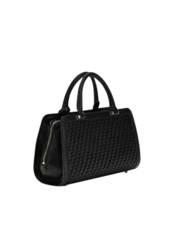 Sac à main noir uni avec des bijoux décoratifs et des patins de protection