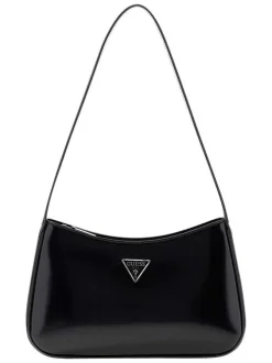 Sac à main noir vernis pourvu du logo de la marque forme triangle