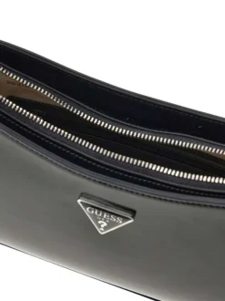 Sac à main noir vernis pourvu du logo de la marque forme triangle