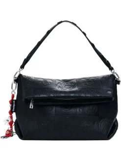 Sac à main noir zippé avec des motifs de dessins animés embossés