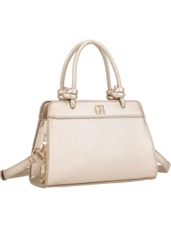 Sac à main or nacré uni pourvu du logo de la marque à l'avant et d'un porte-clés
