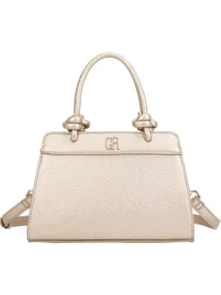 Sac à main or nacré uni pourvu du logo de la marque à l'avant et d'un porte-clés