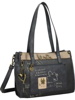 Sac à main porté épaule anthracite à bandoulière amovible avec motifs exclusifs
