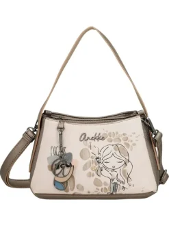 Sac à main porté épaule beige à motifs avec une poche extérieure zippée